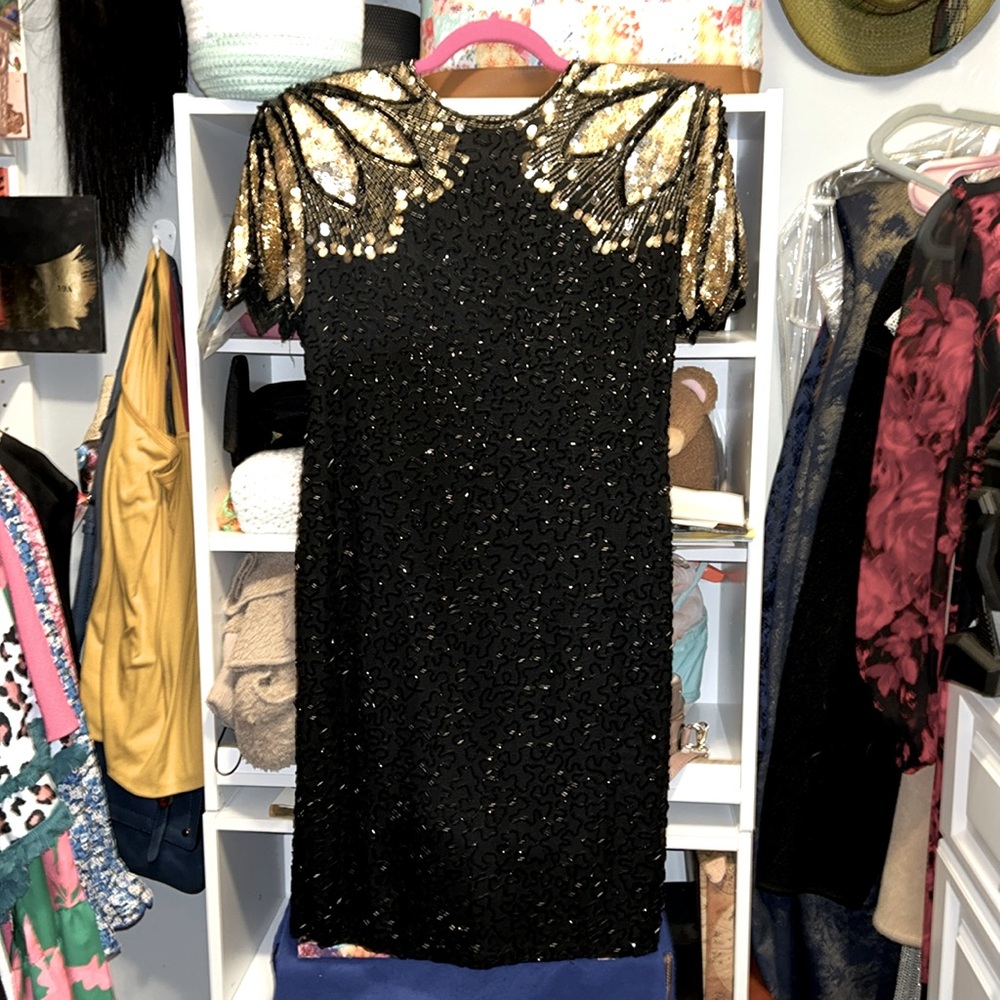 Vintage sequin silk dress black and gold beaded